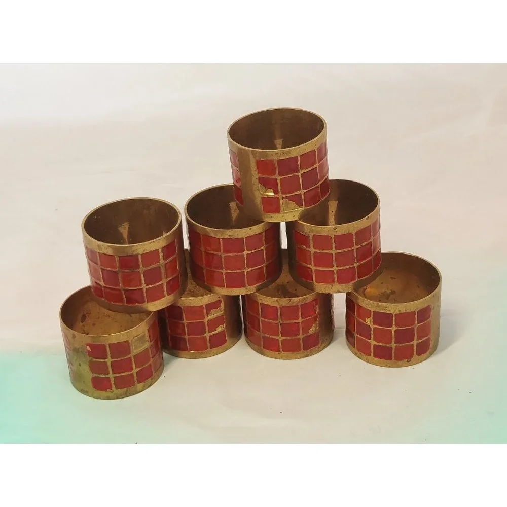 Pier 1 Vintage Brass with Red Enamel Napkin Rings Holder set of 8